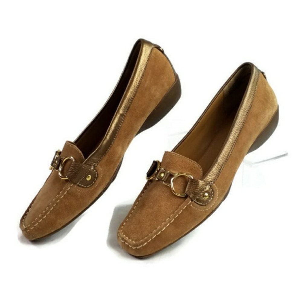 Nickels Solstice Tan Suede Gold Trim Slip-On Loafer Shoes Womens 8.5M